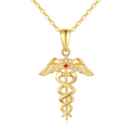 Collier pendentif en or jaune 14 carats avec zircone cubique, bijoux caducée d'infirmière autorisée