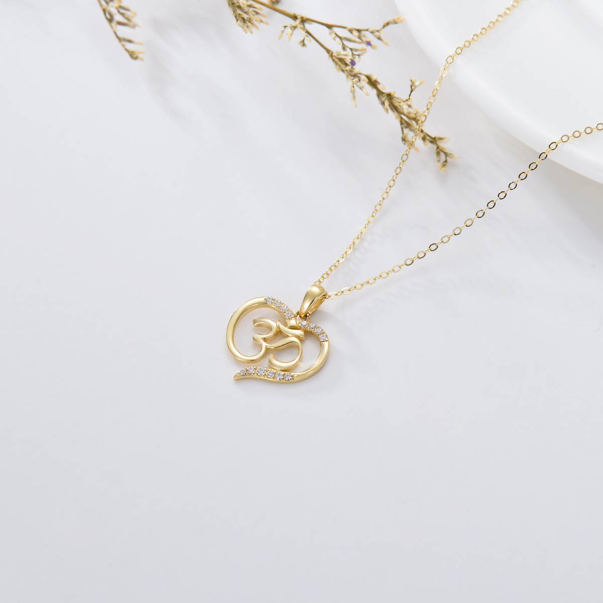 14K Gold Cubic Zirconia Heart & Ohm Pendant Necklace-5