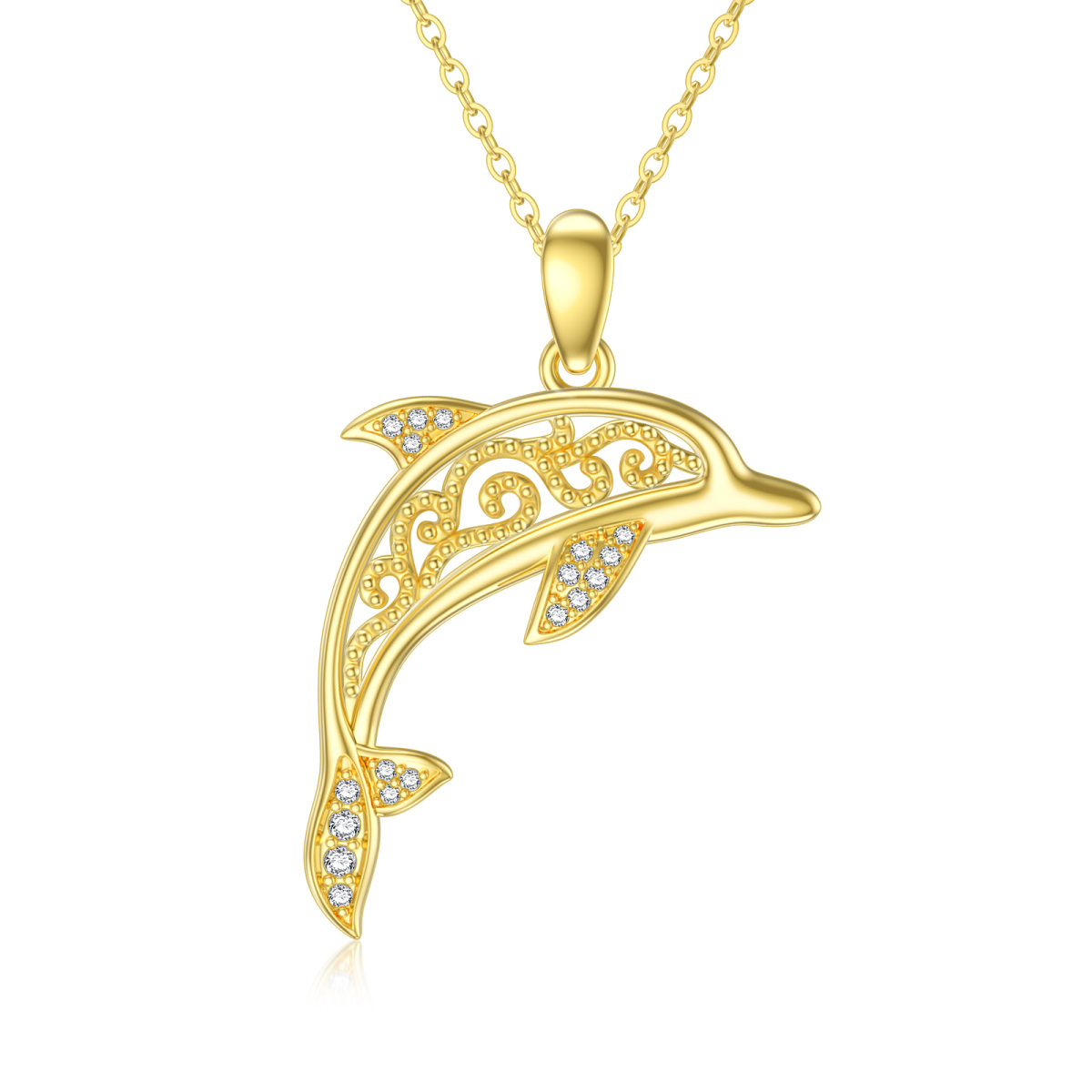 14K Gold Cubic Zirconia Dolphin Pendant Necklace-1