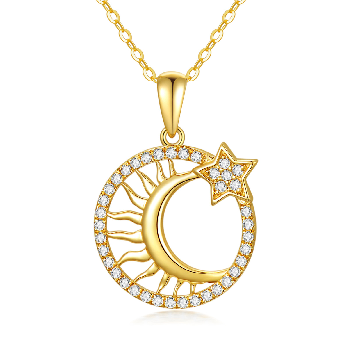 14K Gold Cubic Zirkonia Mond & Sonne Anhänger Halskette-1