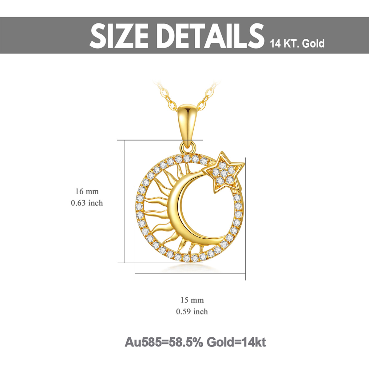 14K Gold Cubic Zirkonia Mond & Sonne Anhänger Halskette-5