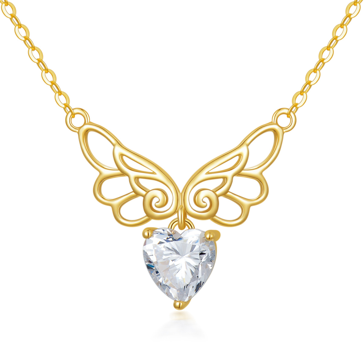 14K Gold Heart Shaped Cubic Zirconia Angel Wing Pendant Necklace-1