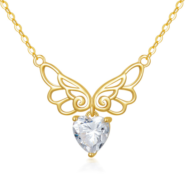 14K Gold Heart Shaped Cubic Zirconia Angel Wing Pendant Necklace-0