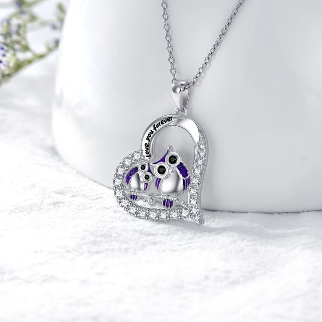 Sterling Silver Cubic Zirconia Couple Owl Heart Pendant Necklace with Engraved Word-2