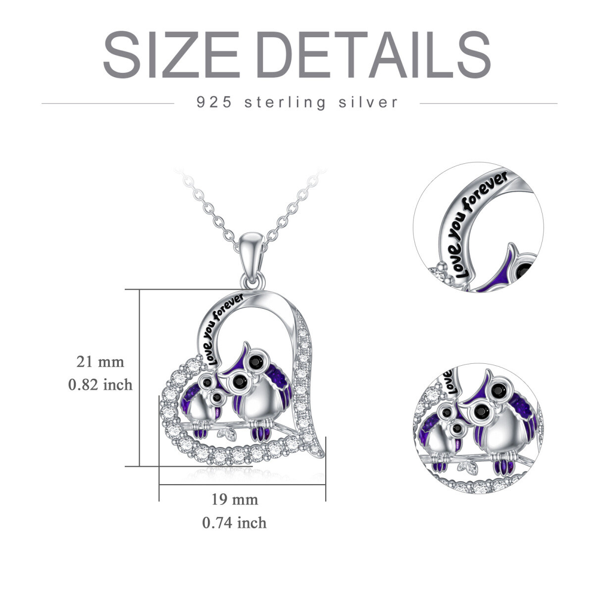 Sterling Silver Cubic Zirconia Couple Owl Heart Pendant Necklace with Engraved Word-6