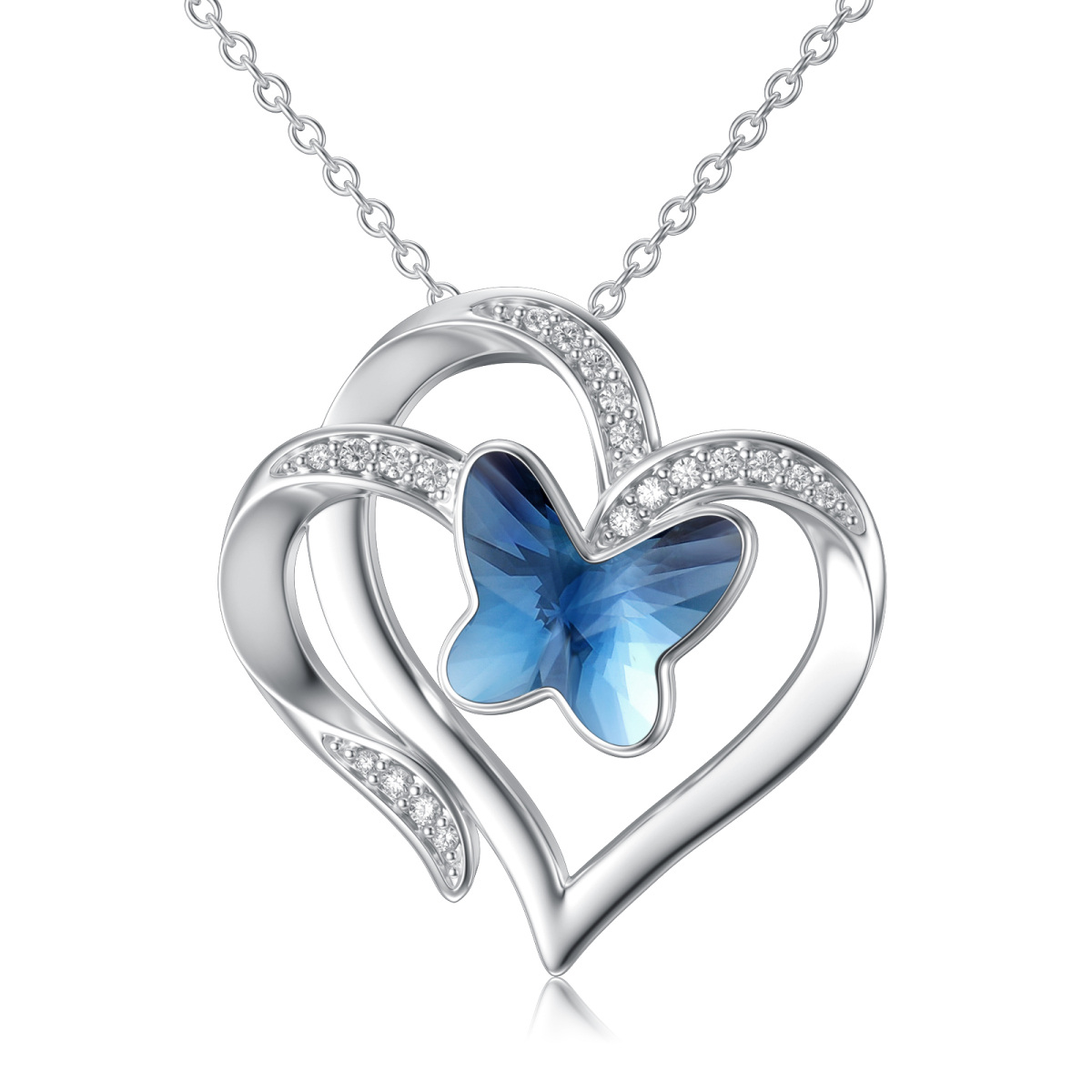 Sterling Silver Crystal Butterfly Double Heart Pendant Necklace-1