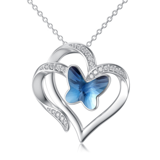 Sterling Silber Kristall Schmetterling Doppelherz Anhänger Halskette