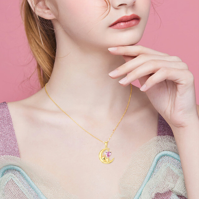 14K Gold Heart Shaped Crystal Bear & Moon Pendant Necklace-1