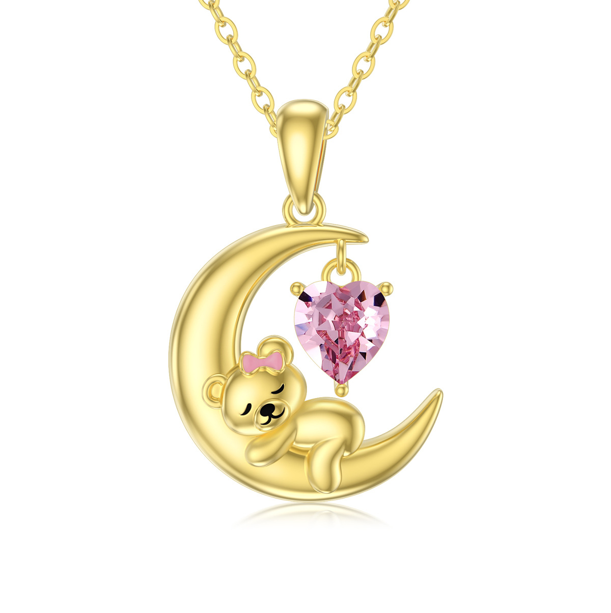 14K Gold Heart Shaped Crystal Bear & Moon Pendant Necklace-1