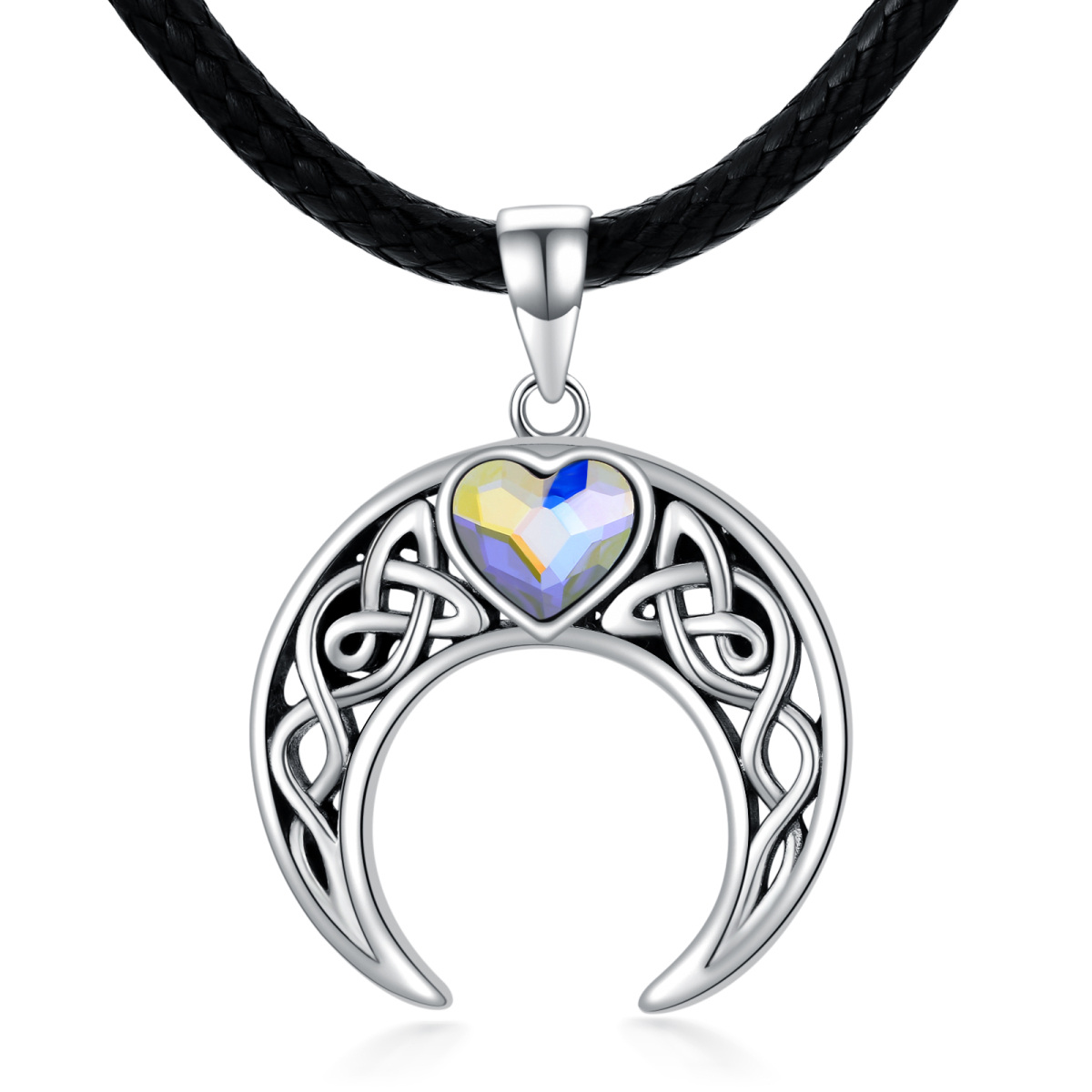 Gargantilla de franela con forma de corazón y luna de plata de ley con nudo celta y cristal de corazón-1