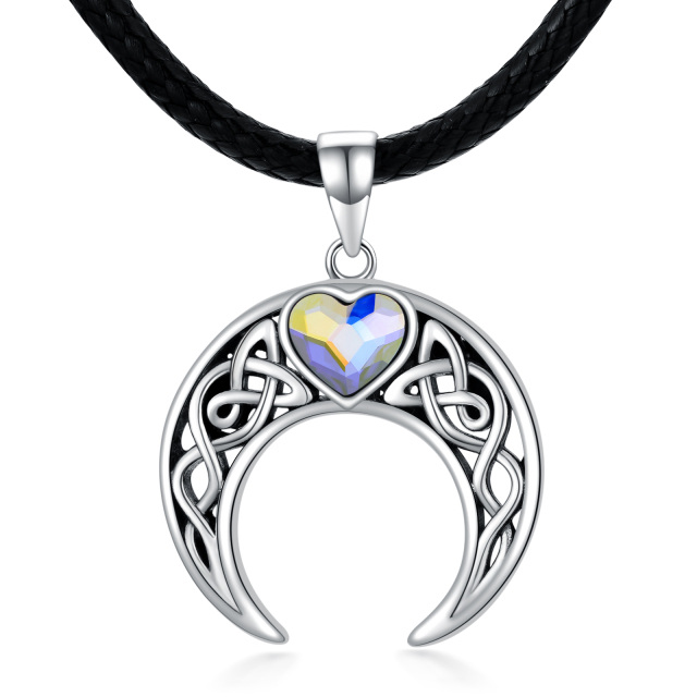 Sterling Silber Herz Kristall Keltischer Knoten Herz Mond Flanell Choker Halskette-0