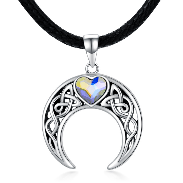 Sterling Silver Heart Crystal Celtic Knot & Heart & Moon Flannel Choker Necklace-4