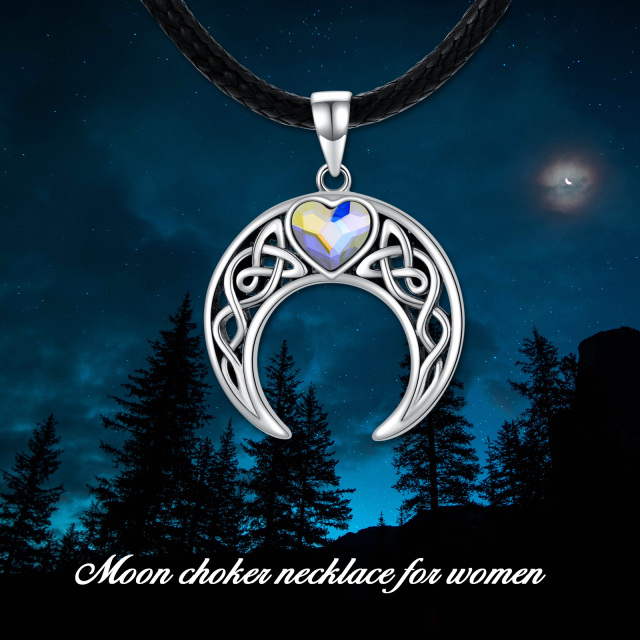 Sterling Silber Herz Kristall Keltischer Knoten Herz Mond Flanell Choker Halskette-4