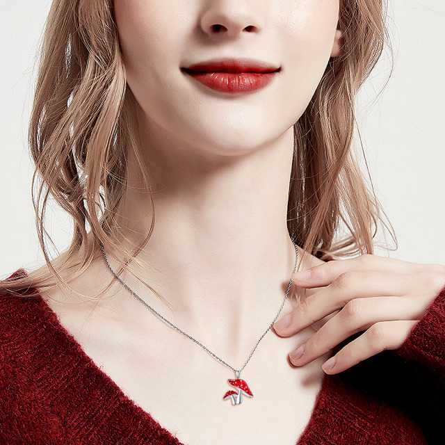 Sterling Silver Red Mushroom Pendant Necklace-1