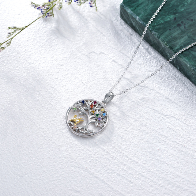 Sterling Silver Two-tone Circular Shaped Cubic Zirconia Dog & Tree Of Life Pendant Necklace-3