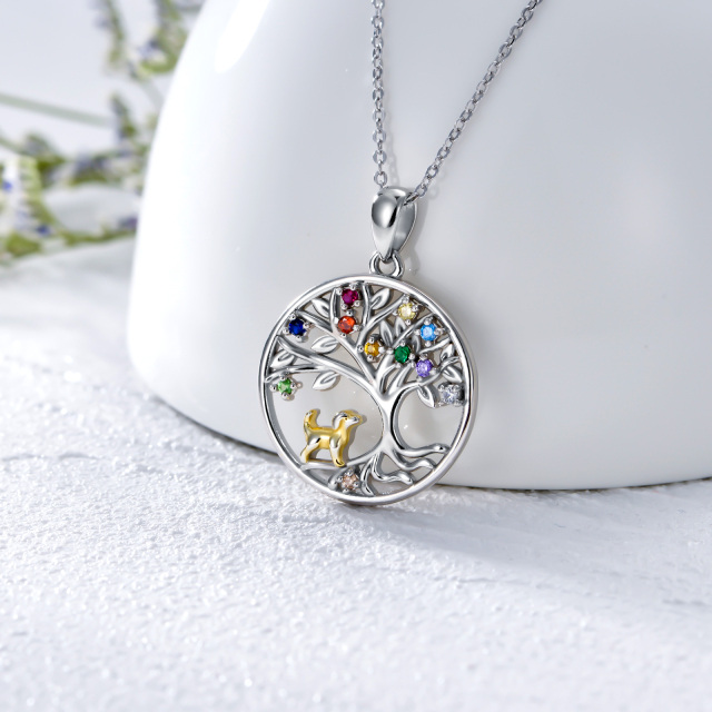 Sterling Silver Two-tone Circular Shaped Cubic Zirconia Dog & Tree Of Life Pendant Necklace-2