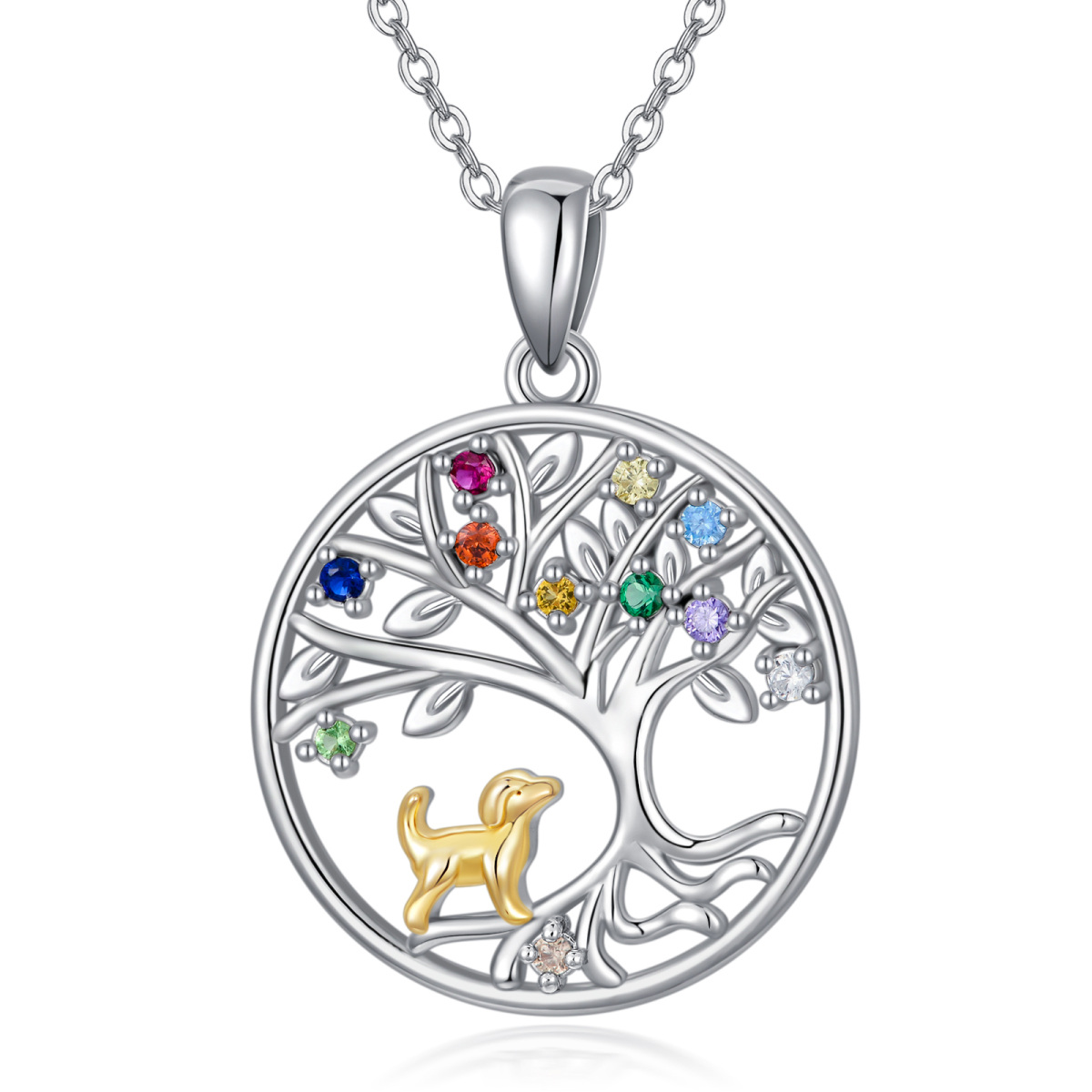 Sterling Silver Two-tone Circular Shaped Cubic Zirconia Dog & Tree Of Life Pendant Necklace-1