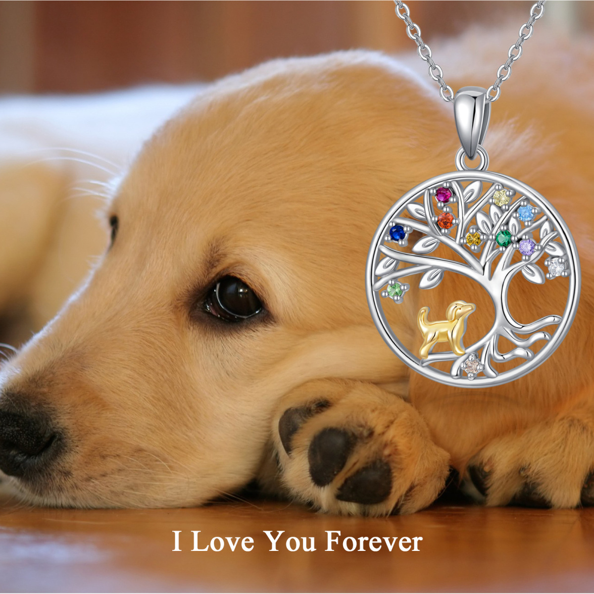 Sterling Silver Two-tone Circular Shaped Cubic Zirconia Dog & Tree Of Life Pendant Necklace-6