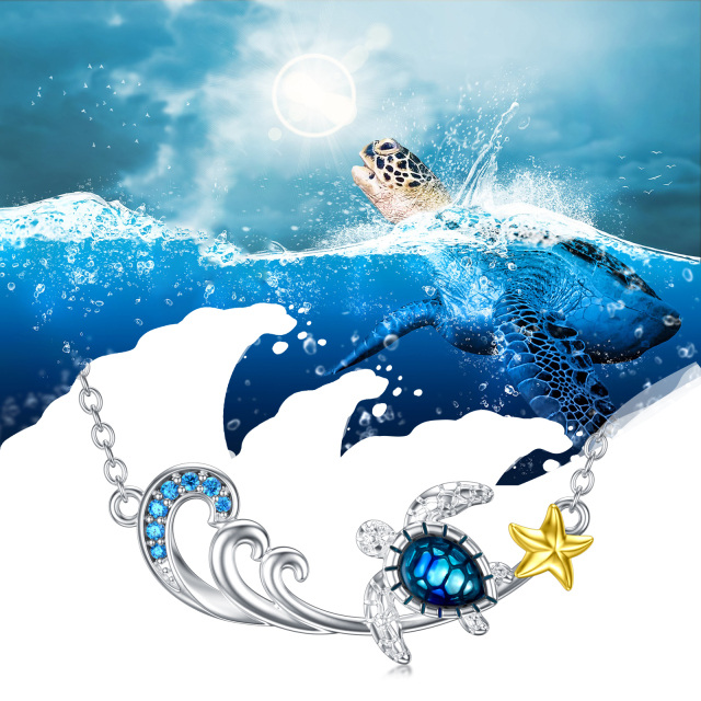 Sterling Silver Two-tone Round Cubic Zirconia Sea Turtle & Starfish & Spray Pendant Necklace-5