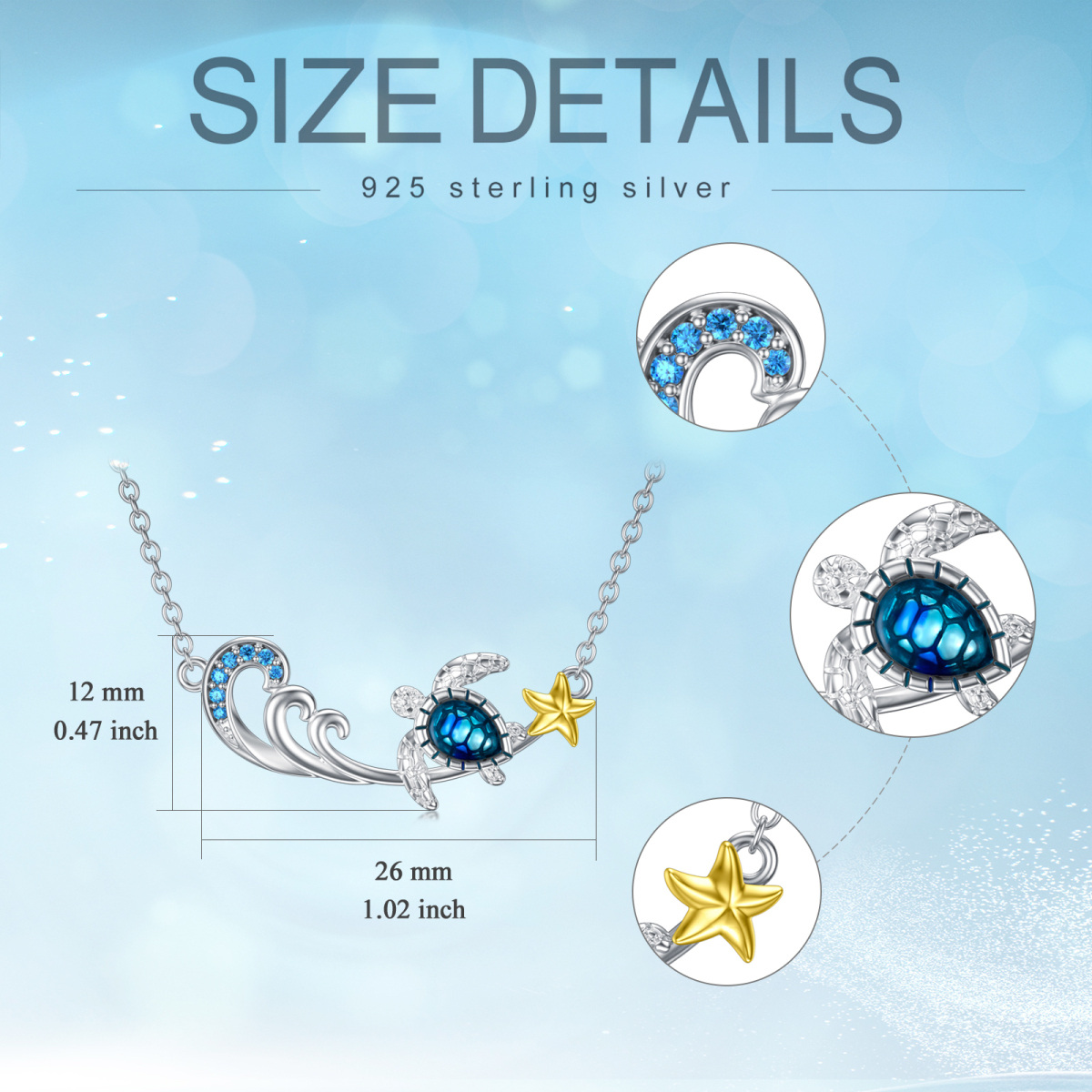 Sterling Silver Two-tone Round Cubic Zirconia Sea Turtle & Starfish & Spray Pendant Necklace-7
