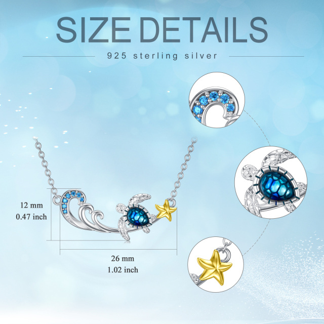 Sterling Silver Two-tone Round Cubic Zirconia Sea Turtle & Starfish & Spray Pendant Necklace-6