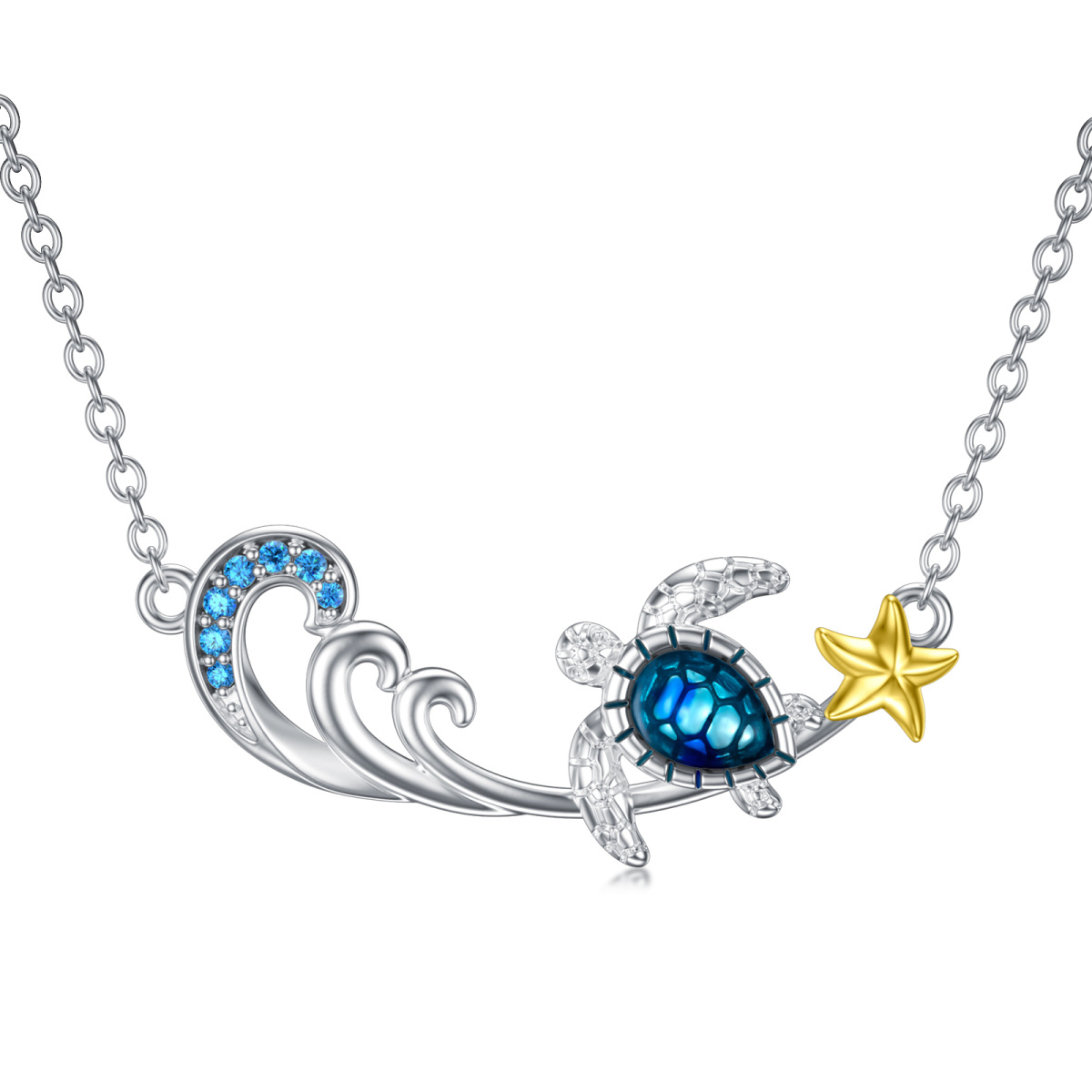 Sterling Silver Two-tone Round Cubic Zirconia Sea Turtle & Starfish & Spray Pendant Necklace-1