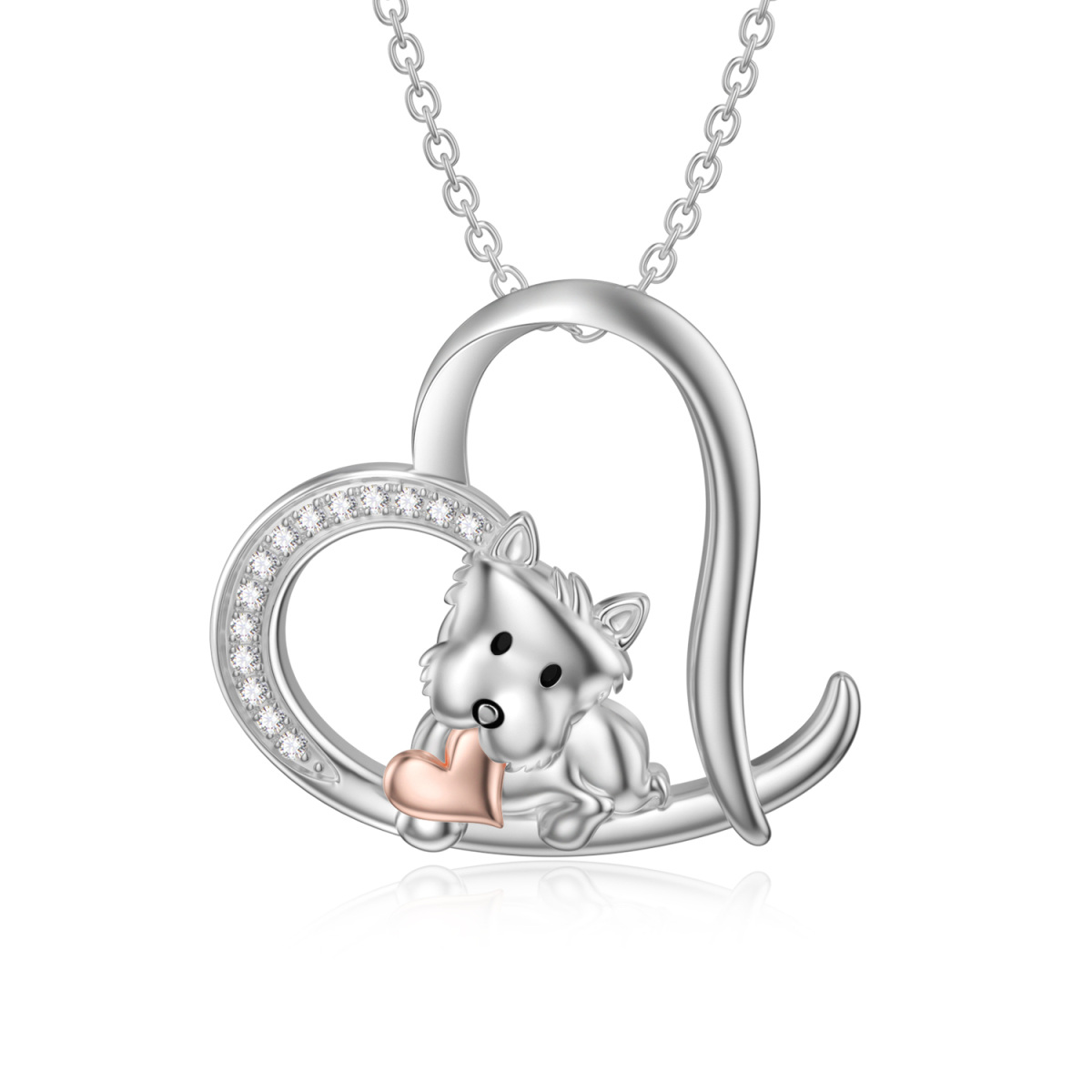 Sterling Silber Cubic Zirkonia Hund & Herz Anhänger Halskette-1