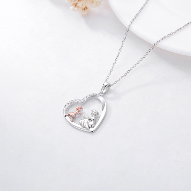 Sterling Silver Two-tone Circular Shaped Cubic Zirconia Mother & Daughter Heart Pendant Necklace-3