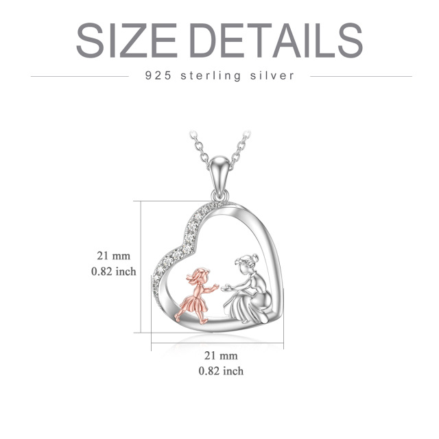Sterling Silver Two-tone Circular Shaped Cubic Zirconia Mother & Daughter Heart Pendant Necklace-4