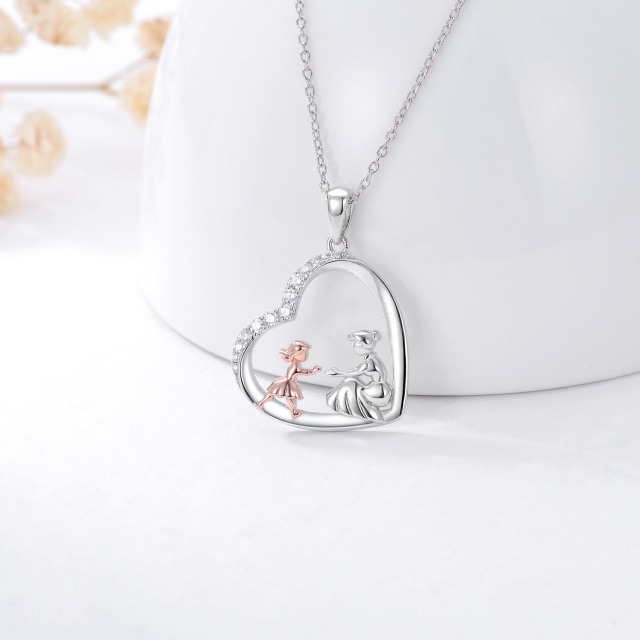 Sterling Silver Two-tone Circular Shaped Cubic Zirconia Mother & Daughter Heart Pendant Necklace-2