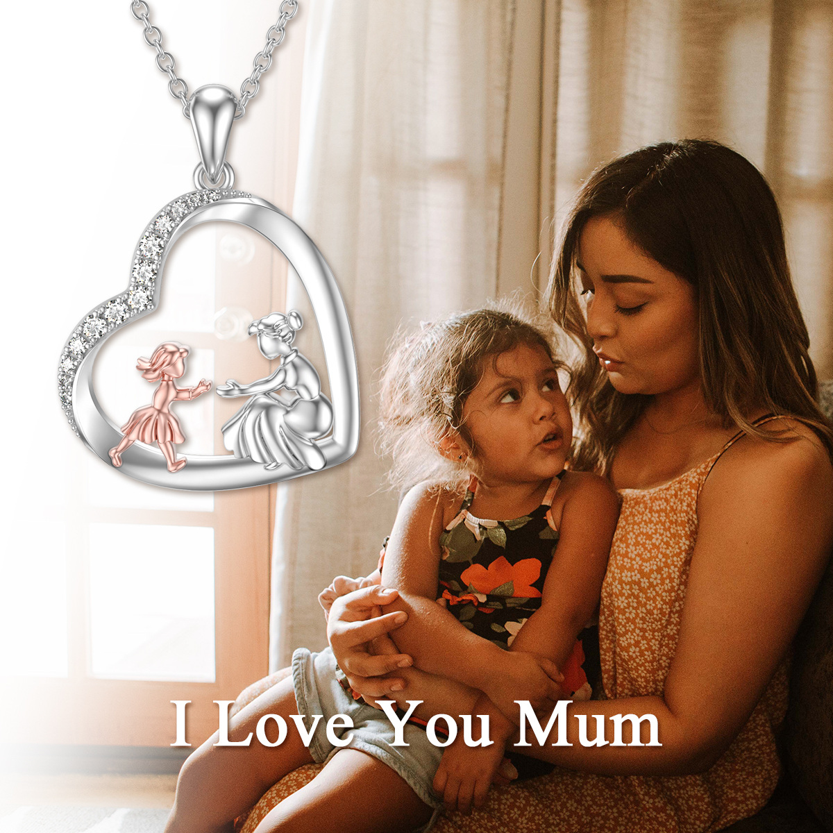 Sterling Silver Two-tone Circular Shaped Cubic Zirconia Mother & Daughter Heart Pendant Necklace-6
