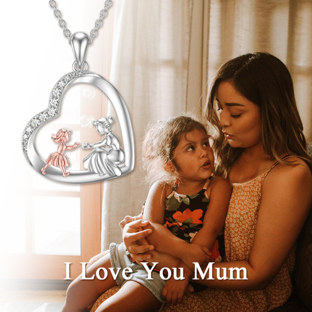 Sterling Silver Two-tone Circular Shaped Cubic Zirconia Mother & Daughter Heart Pendant Necklace-5
