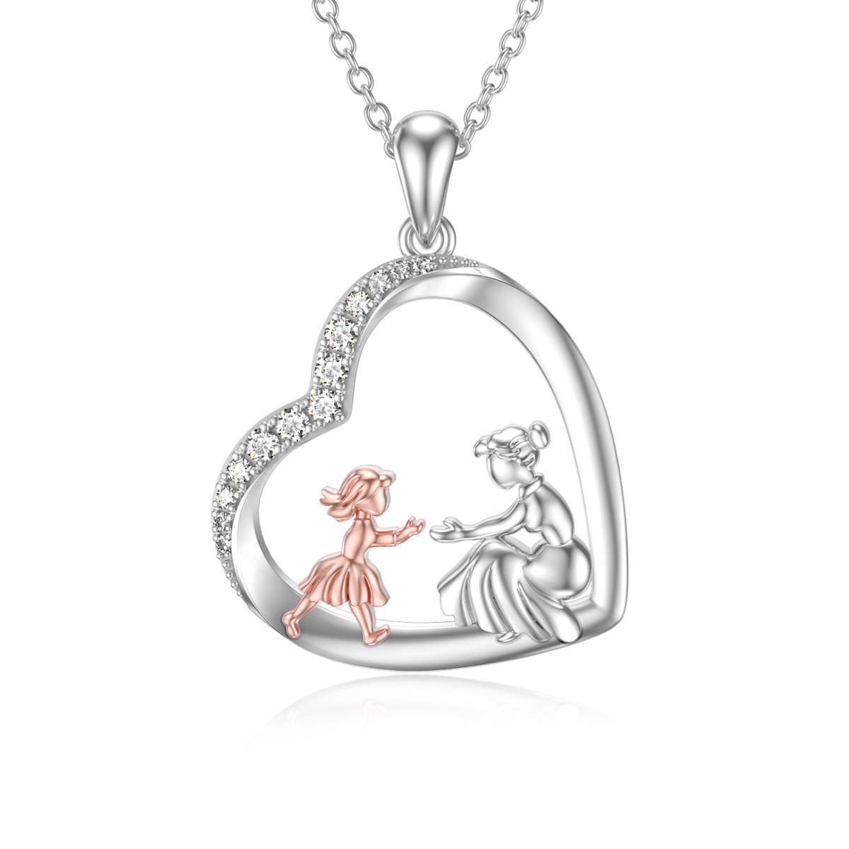 Sterling Silver Two-tone Circular Shaped Cubic Zirconia Mother & Daughter Heart Pendant Necklace-1