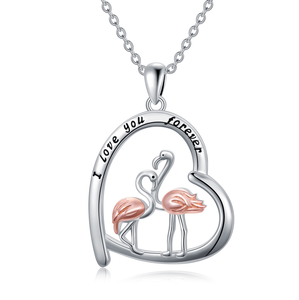 Sterling Silver Two-tone Flamingo & Heart Pendant Necklace-1