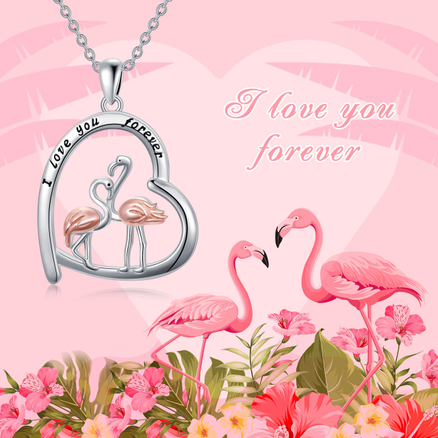 Sterling Silver Two-tone Flamingo & Heart Pendant Necklace-3