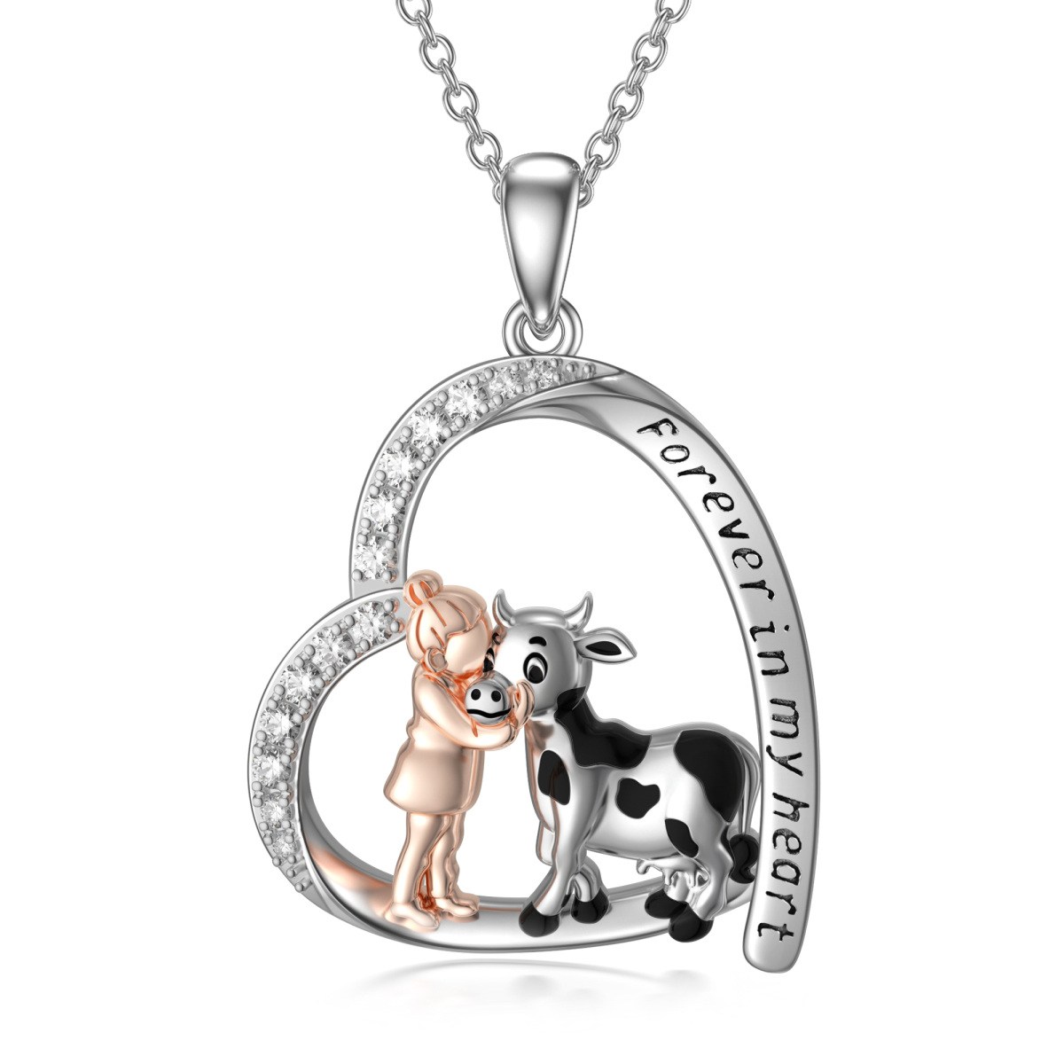 Sterling Silver Cubic Zirconia Girl & Cow Heart Pendant Necklace with Engraved Word-1