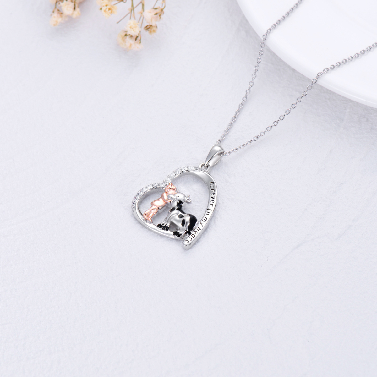 Sterling Silver Cubic Zirconia Girl & Cow Heart Pendant Necklace with Engraved Word-5