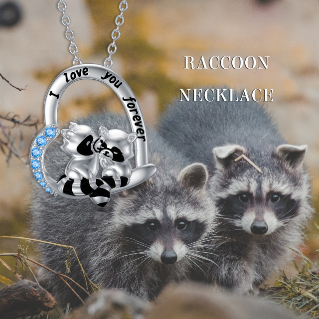 Sterling Silver Cubic Zirconia Raccoon & Heart Pendant Necklace with Engraved Word-3