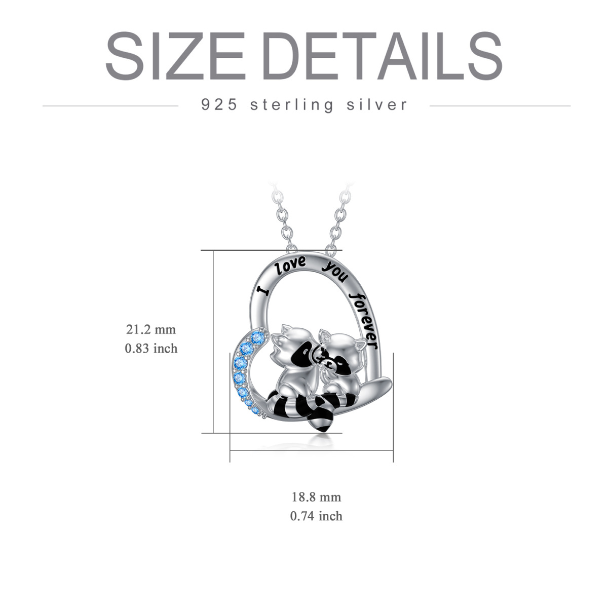 Sterling Silber Cubic Zirkonia Waschbär & Herz-Anhänger Halskette mit eingraviertem Wort-6