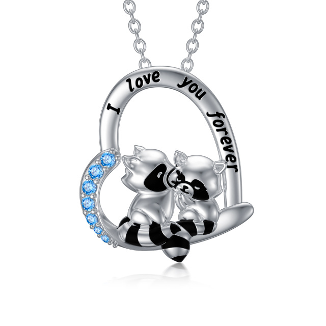 Sterling Silver Cubic Zirconia Raccoon & Heart Pendant Necklace with Engraved Word-0