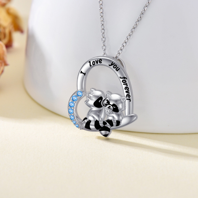 Collar colgante de plata de ley con circonita cúbica y mapache y corazón con palabra graba-3