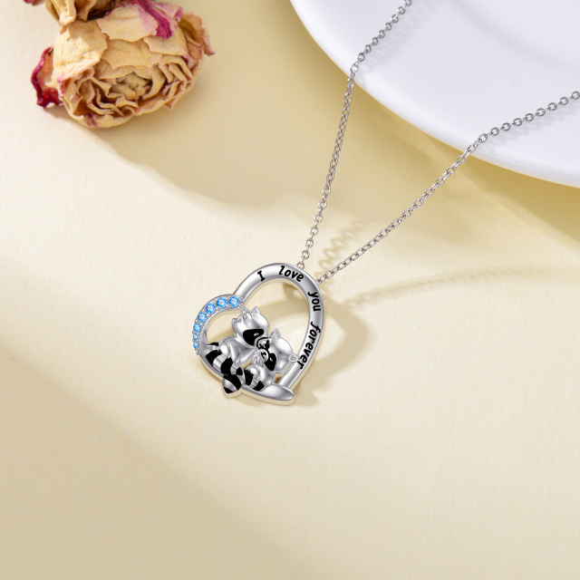 Sterling Silver Cubic Zirconia Raccoon & Heart Pendant Necklace with Engraved Word-5