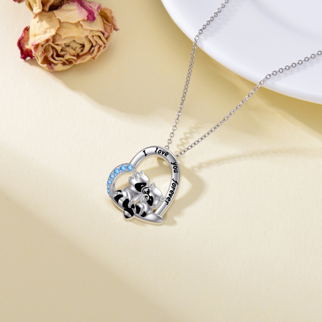 Collar colgante de plata de ley con circonita cúbica y mapache y corazón con palabra graba-4