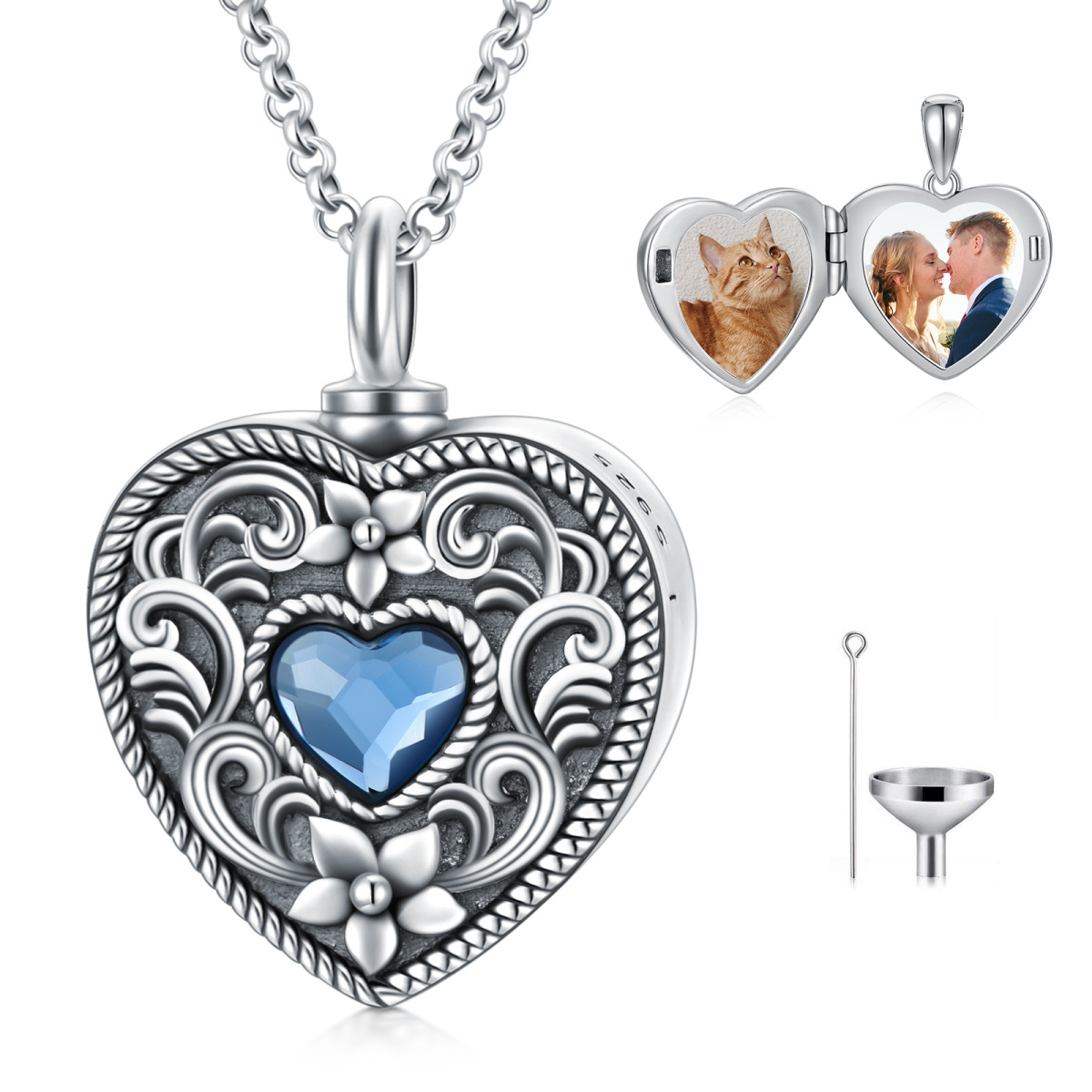 Sterling Silver Crystal Heart & Daffodil Personalized Photo Locket Urn Necklace for Ashes-1