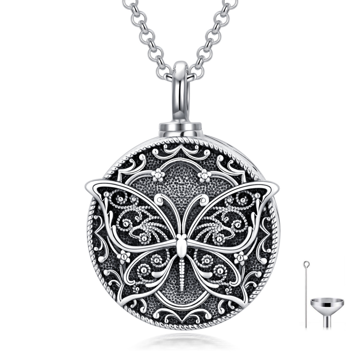 Sterling Silver Butterfly Round Pendant Urn Necklace for Ashes-1