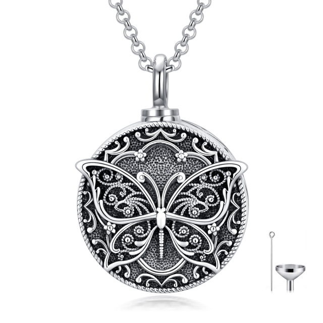 Sterling Silver Butterfly Round Pendant Urn Necklace for Ashes-0