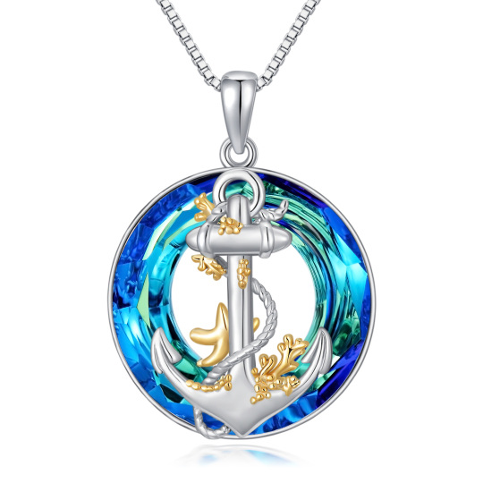 Sterling Silver Two-tone Circular Shaped Anchor Crystal Pendant Necklace