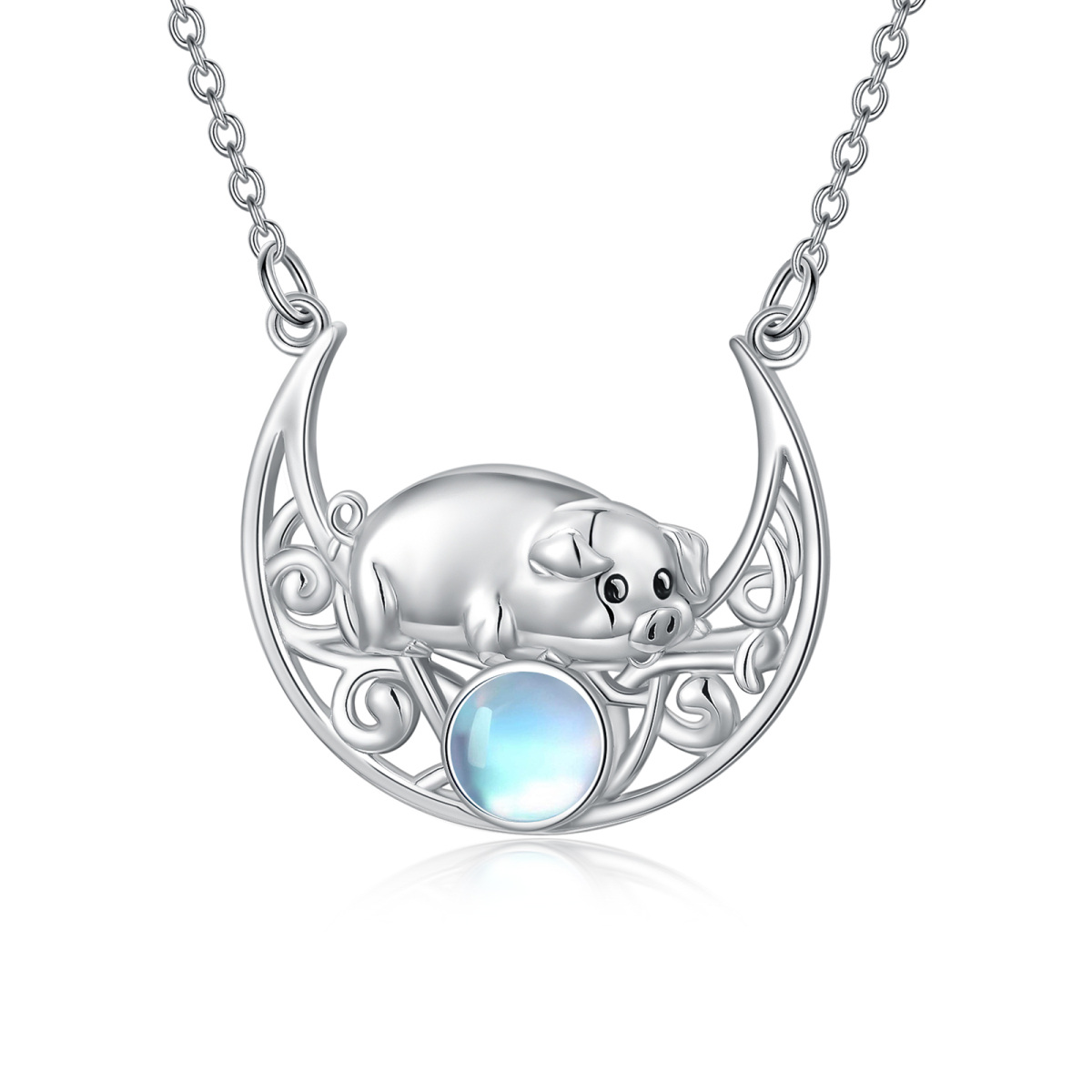 Sterling Silver Circular Shaped Moonstone Pig & Moon Pendant Necklace-1