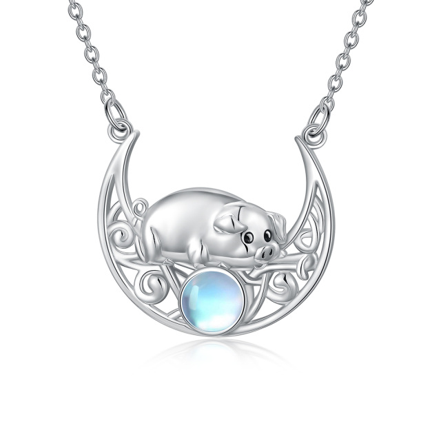 Sterling Silver Circular Shaped Moonstone Pig & Moon Pendant Necklace-4