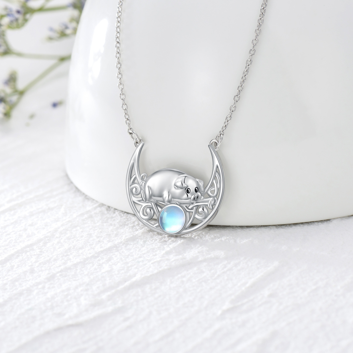 Sterling Silver Circular Shaped Moonstone Pig & Moon Pendant Necklace-3